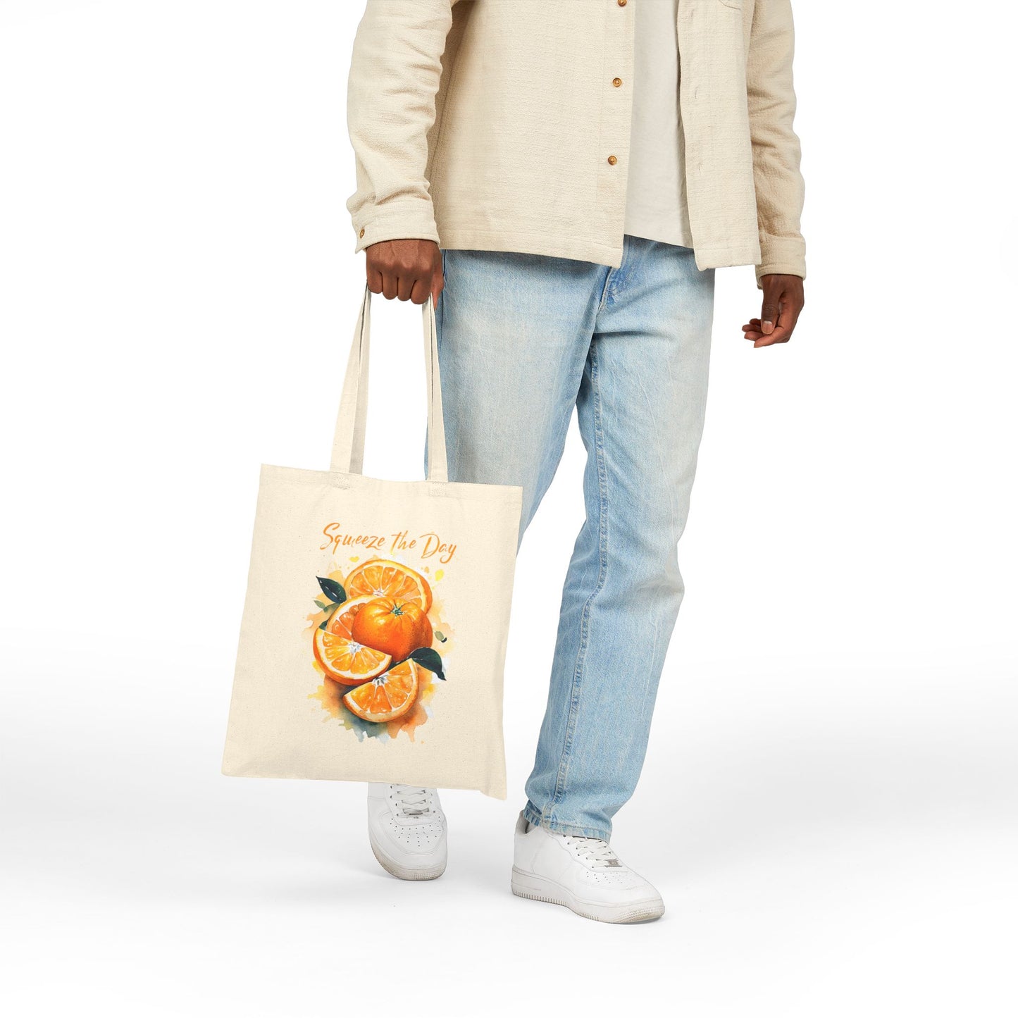 Squeeze the Day Orange Tote Bag – Reusable Canvas Bag with Citrus Fruit Design, Eco-Friendly Grocery Tote, Motivational Gift Idea
