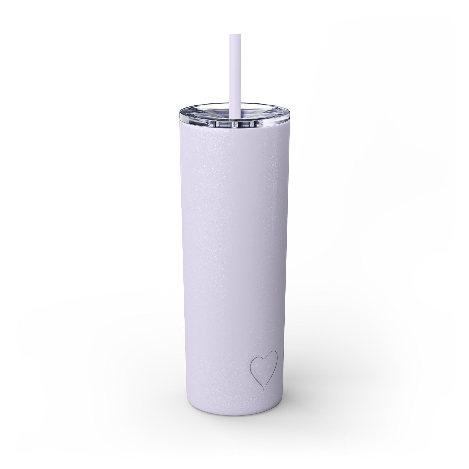 White tumbler with a heart design and straw on a white background