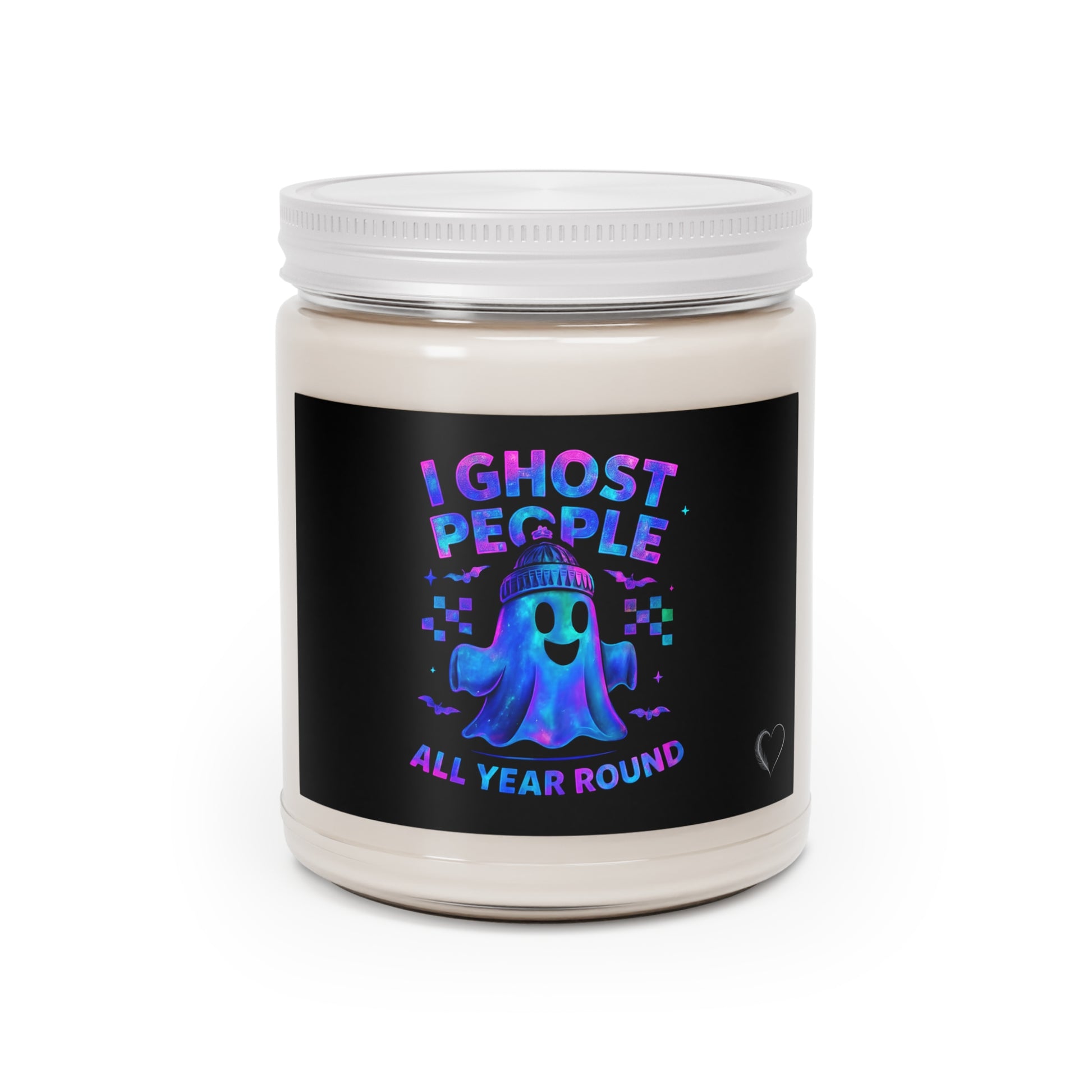 Jar with a label featuring a ghost illustration and text on a white background
