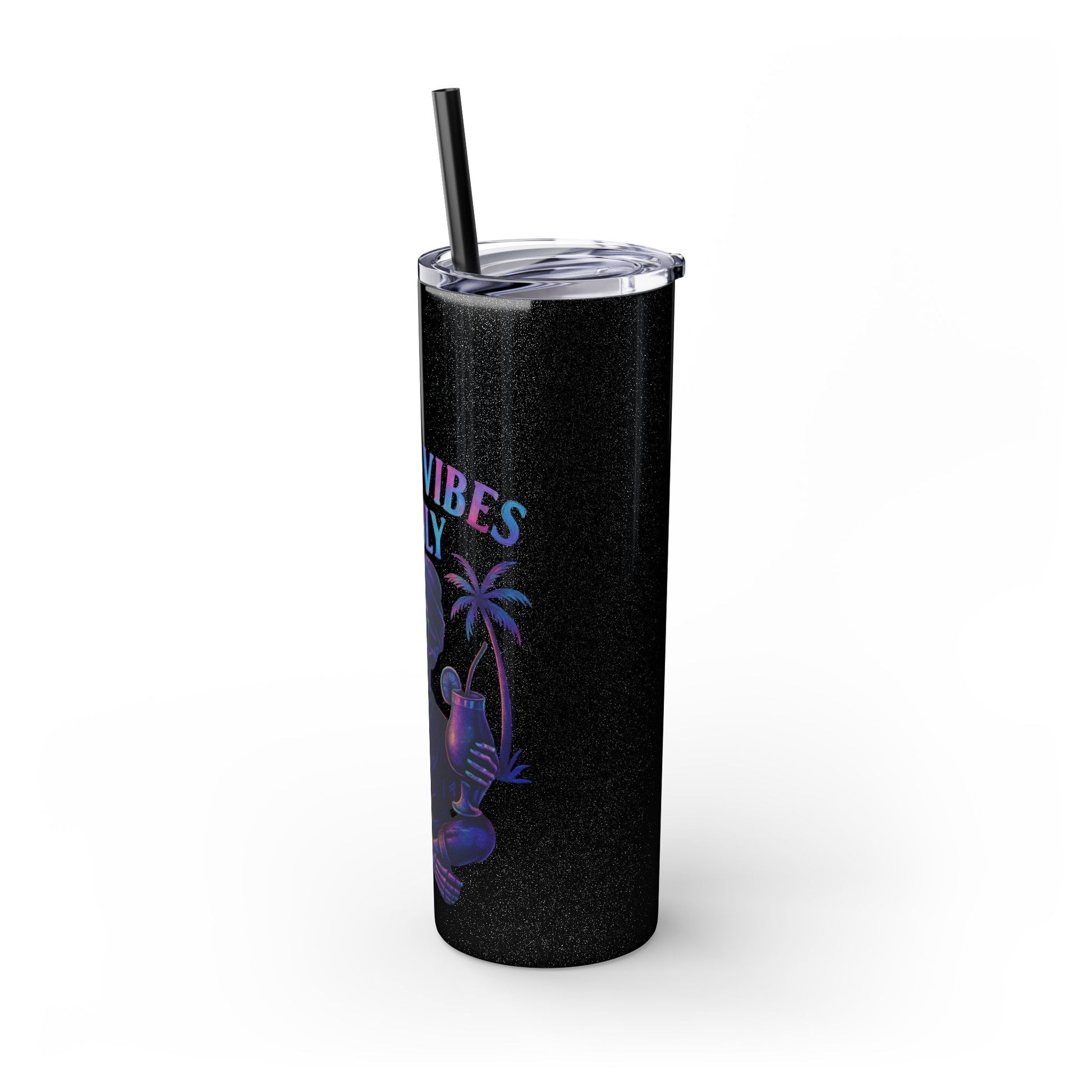 Black tumbler with palm tree design and 'Vibes' text on a white background