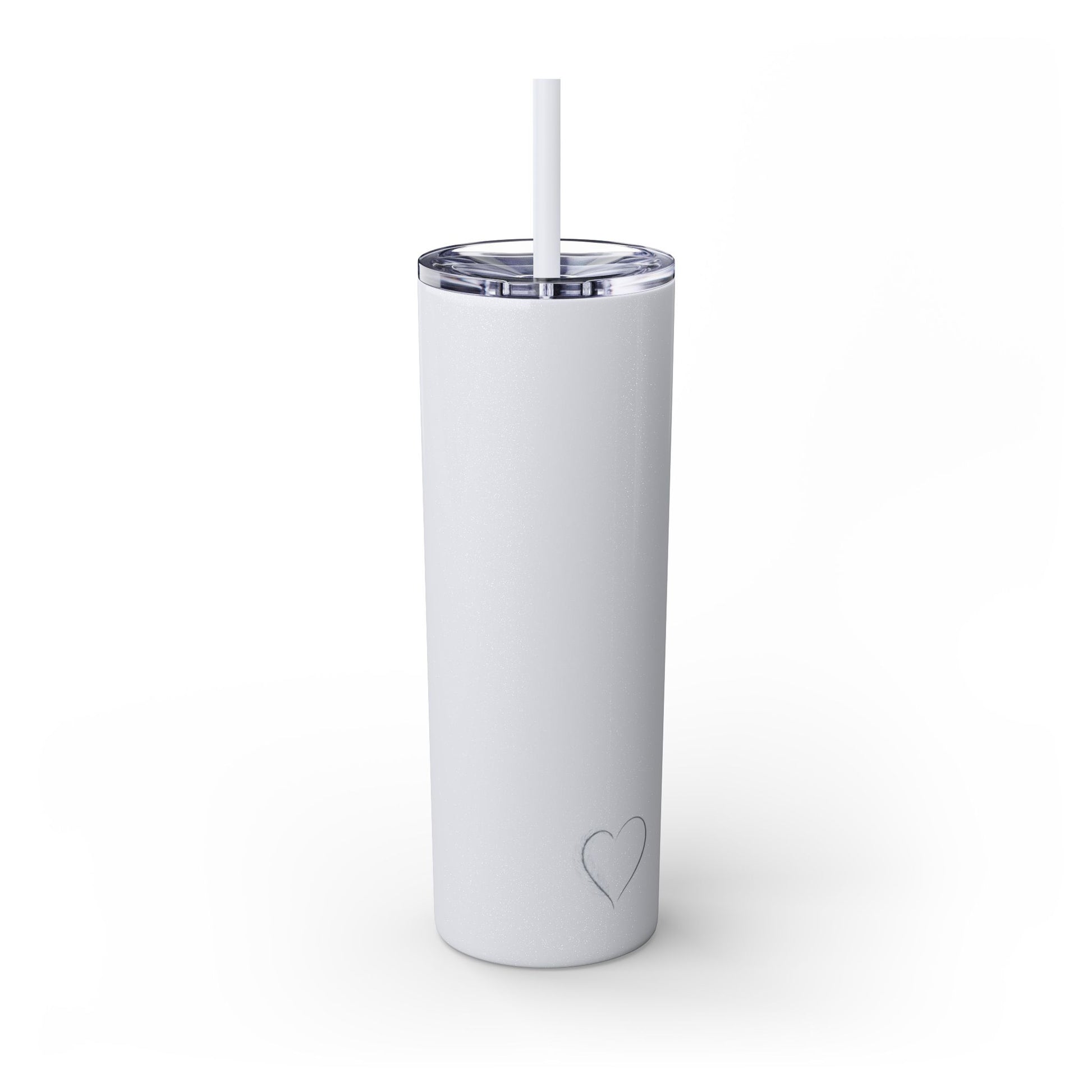 White tumbler with a heart design on a white background