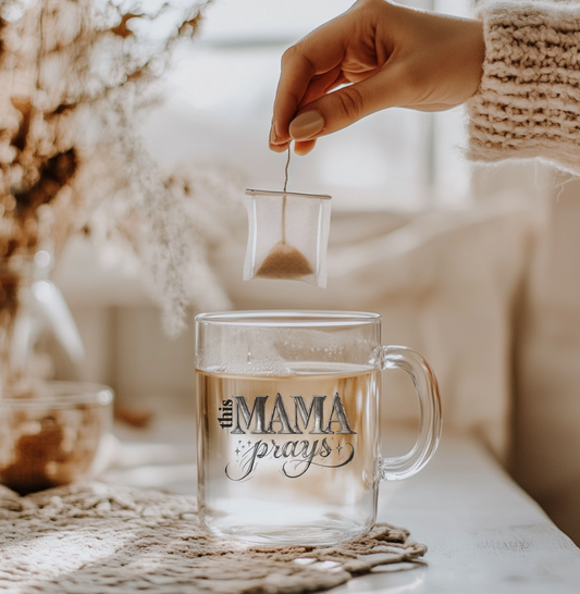 "This MAMA Prays" Glass Tea Mug | Faith-Based Mom Gift | 16oz Clear Coffee Cup | Daily Essentials Collection