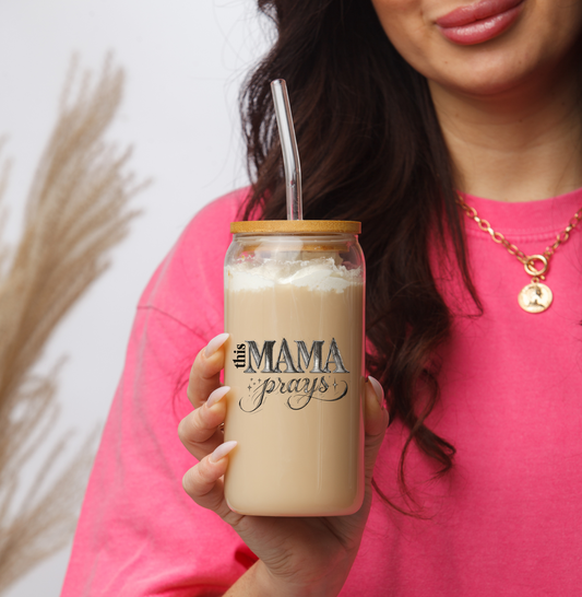 "This MAMA Prays" Glass Can Tumbler | Faith-Based Mom Gift | 16oz with Bamboo Lid | Daily Essentials Collection