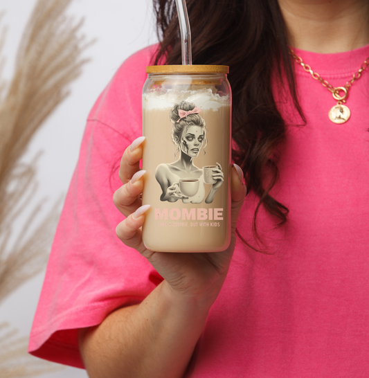 "Mombie" Glass Tumbler | 16oz Mason Jar Style | Bamboo Lid & Straw | Daily Essentials Collection