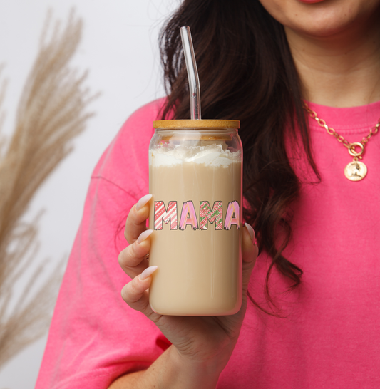 "MAMA" Glass Tumbler | Pink Patterned Design | 16oz Mason Jar with Bamboo Lid | Daily Essentials Collection