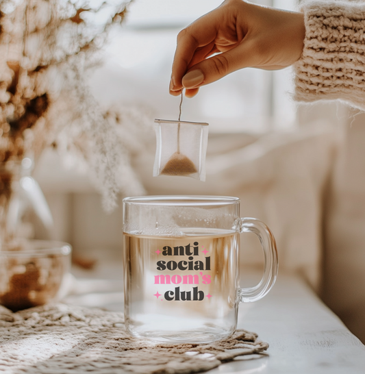 "Anti Social Mom's Club" Glass Mug | Funny Mom Coffee Cup | 16oz Clear Tea Mug | Daily Essentials Collection