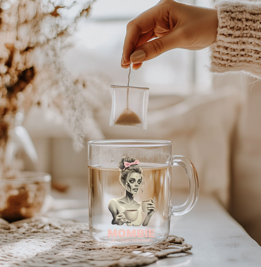 "Mombie" Glass Tea Mug | Funny Mom Gift | 16oz Clear Coffee Cup | Daily Essentials Collection