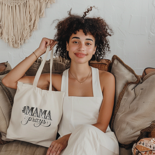 This Mama Prays Canvas Tote Bag | Faith-Based Mom Life | Natural Cotton
