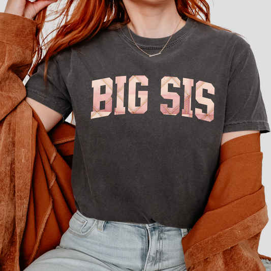 T-shirt with “BIG SIS” in bold pink geometric print letters, shown in black, slate blue, sage green, charcoal, and cream colorways