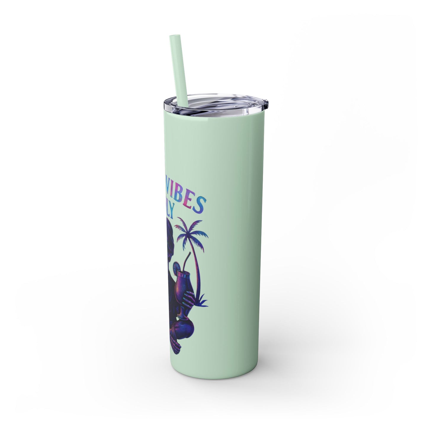 Mint green tumbler with a straw, palm tree, and text on a white background
