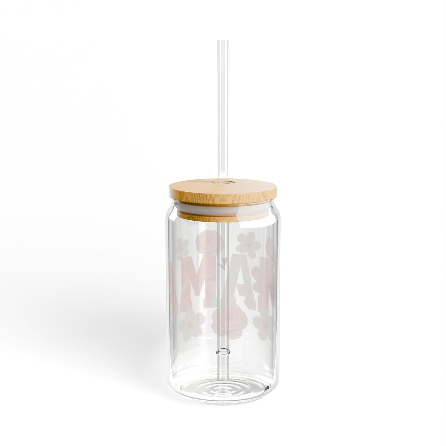 “MAMA” Floral Glass Can Tumbler with Bamboo Lid & Straw – 16oz