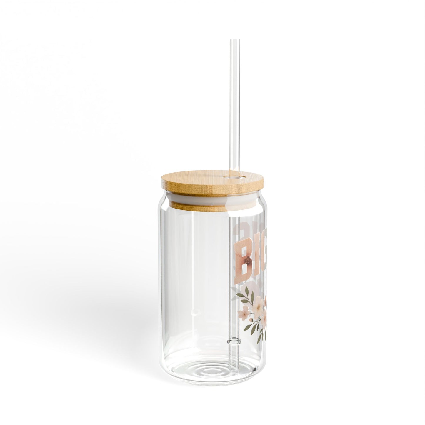 “BIG SIS” Floral Glass Can Tumbler – 16oz with Bamboo Lid & Straw