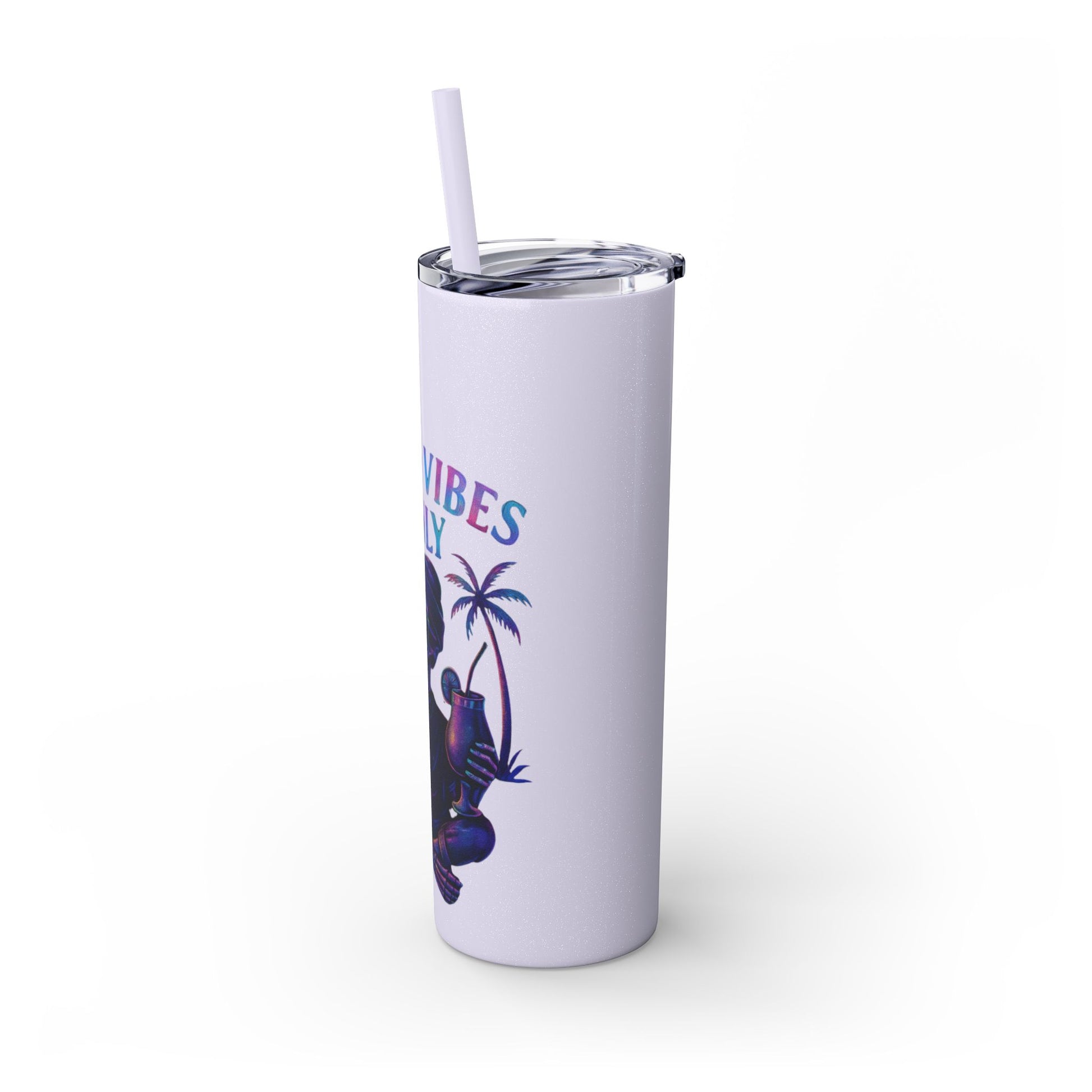 Tumbler with a palm tree design and text on a white background