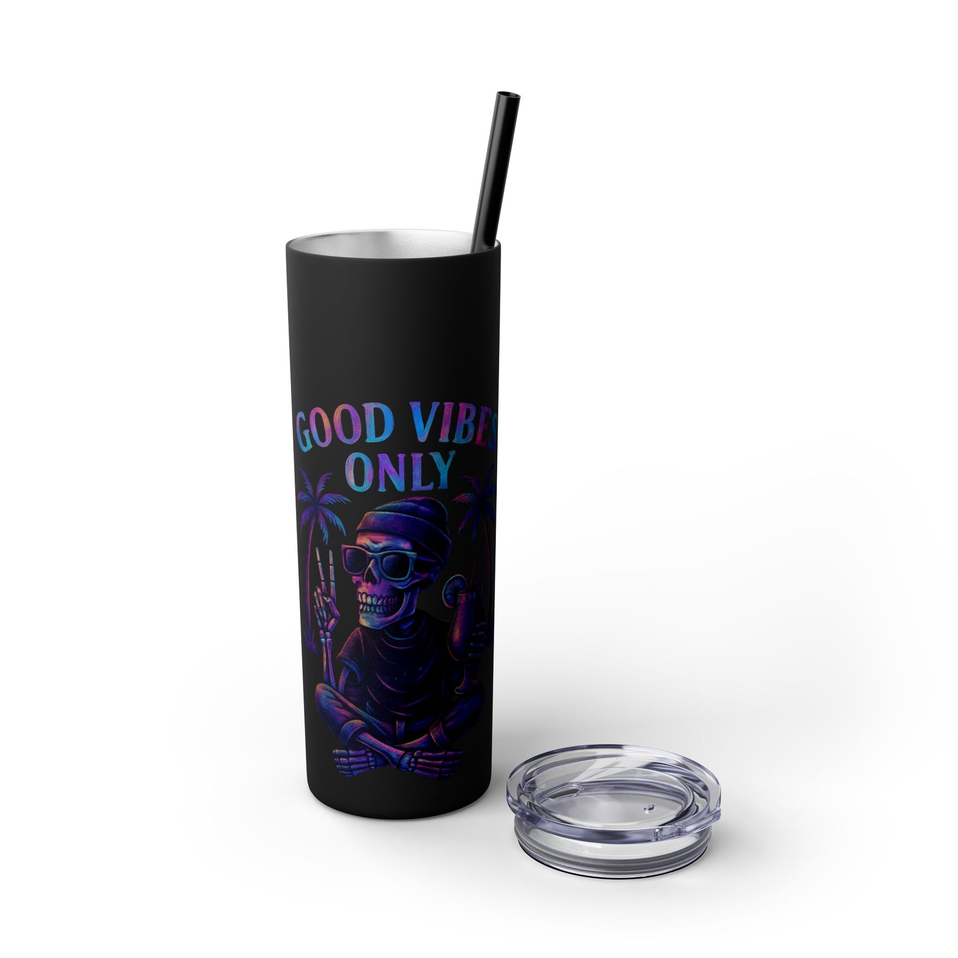 Tumbler with 'Good Vibes Only' text and a skull design on a white background
