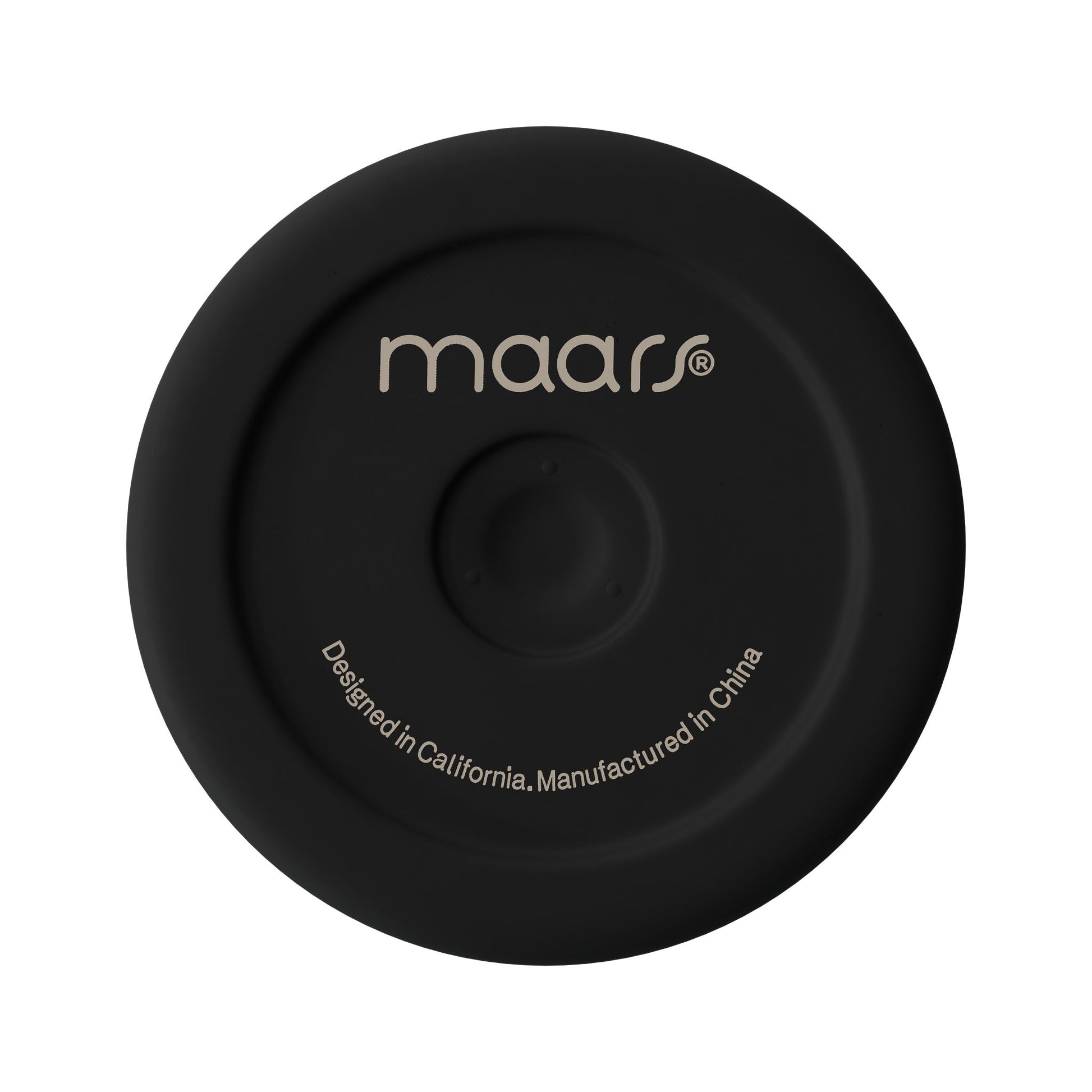 Black circular object with 'maars' branding on a white background