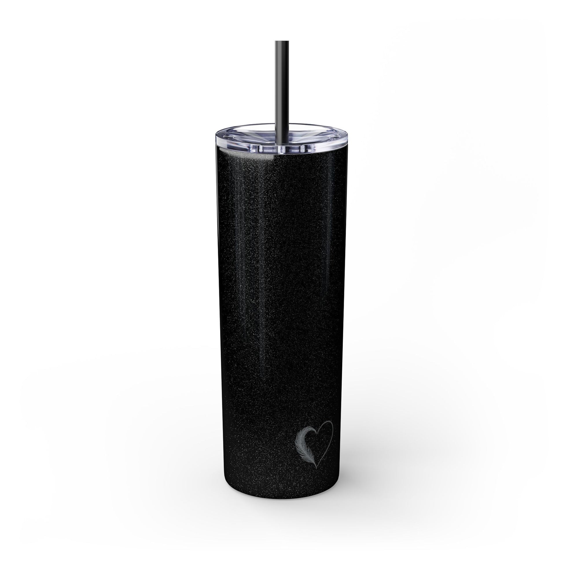 Black tumbler with a heart design on a white background