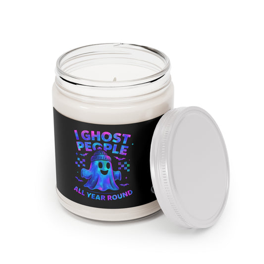 Candle jar with a ghost-themed label on a white background