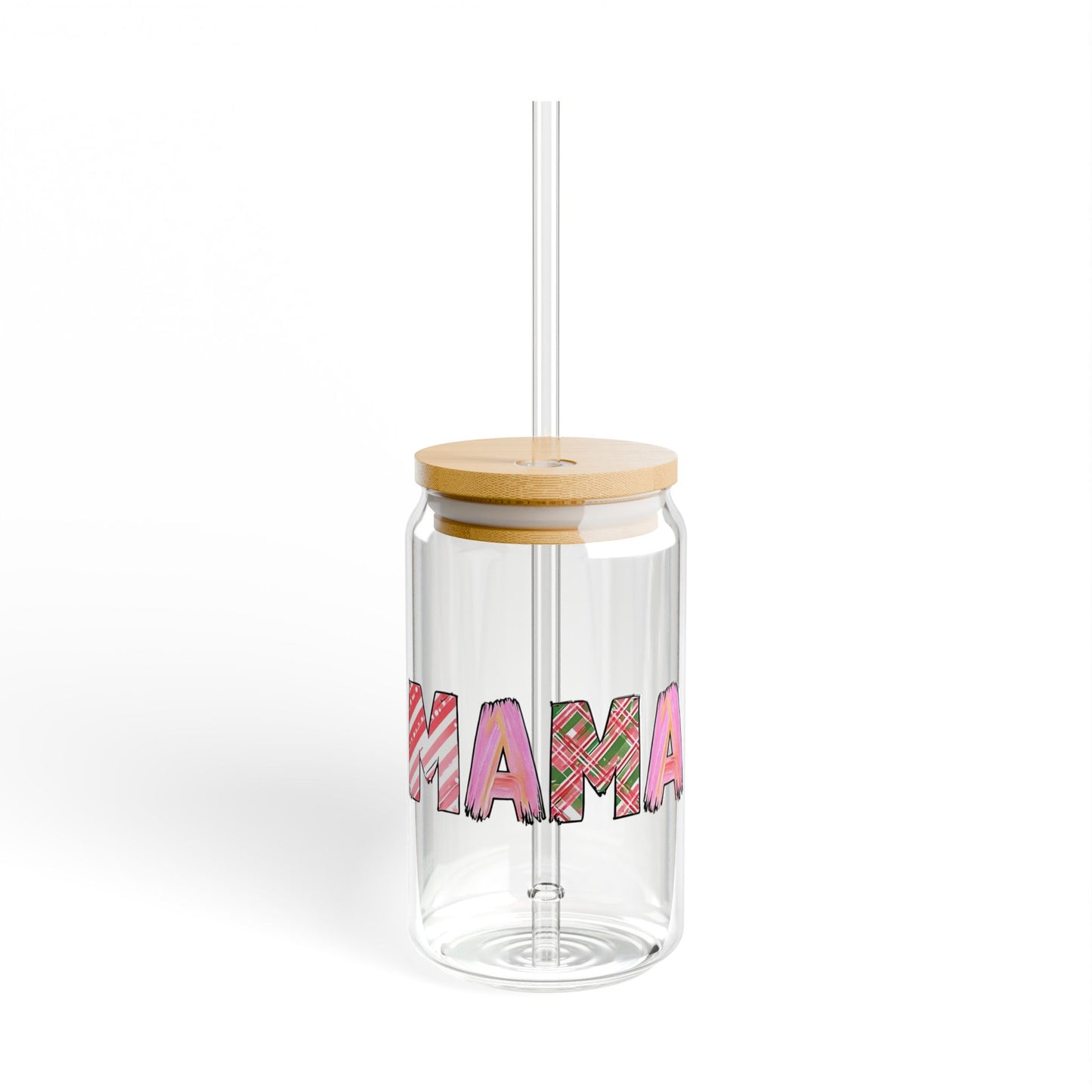 "MAMA" Glass Tumbler | Pink Patterned Design | 16oz Mason Jar with Bamboo Lid | Daily Essentials Collection