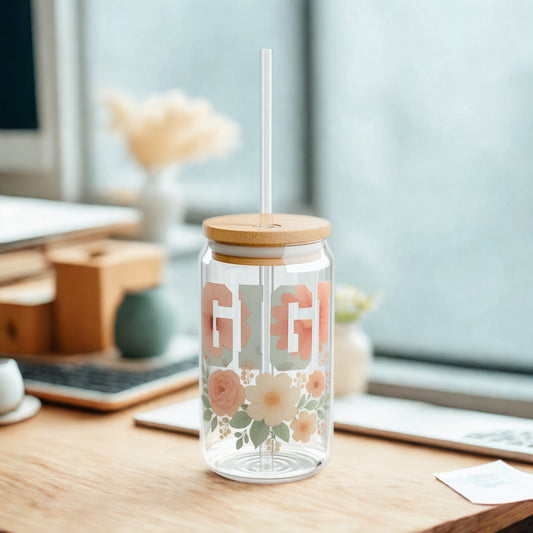 “GIGI” Floral Glass Can Tumbler – 16oz with Bamboo Lid & Straw