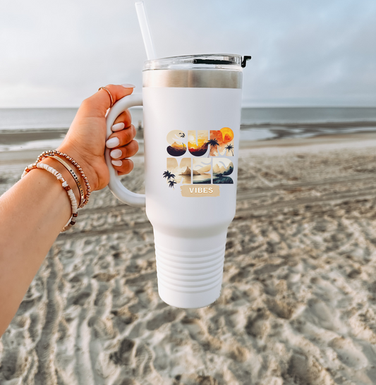 Summer Vibes Tumbler with Handle & Straw | 40 oz Insulated Mug in White, Red, Black, Teal, Blue & Gray
