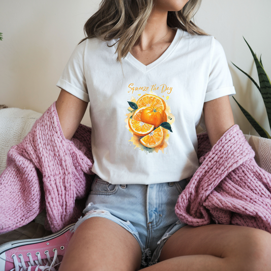 Squeeze the Day Orange Graphic V-Neck T-Shirt – Citrus Fruit Shirt – Watercolor Summer Tee – Funny Pun Shirt – Unisex Soft Tee