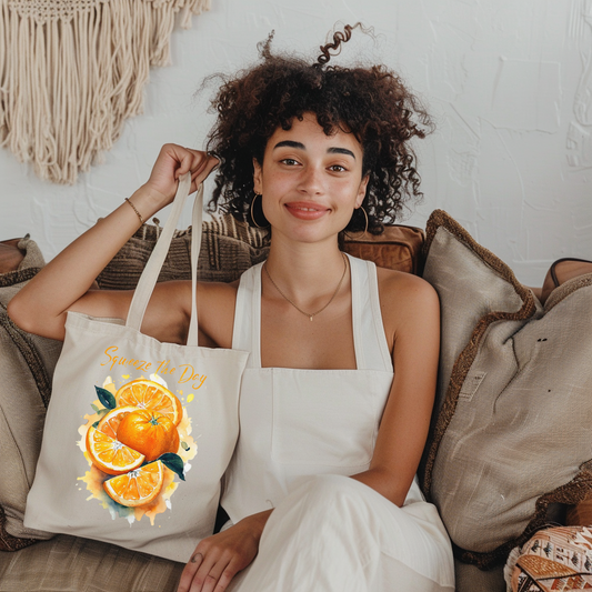 Squeeze the Day Orange Tote Bag – Reusable Canvas Bag with Citrus Fruit Design, Eco-Friendly Grocery Tote, Motivational Gift Idea