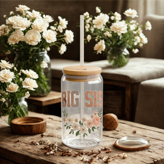 “BIG SIS” Floral Glass Can Tumbler – 16oz with Bamboo Lid & Straw
